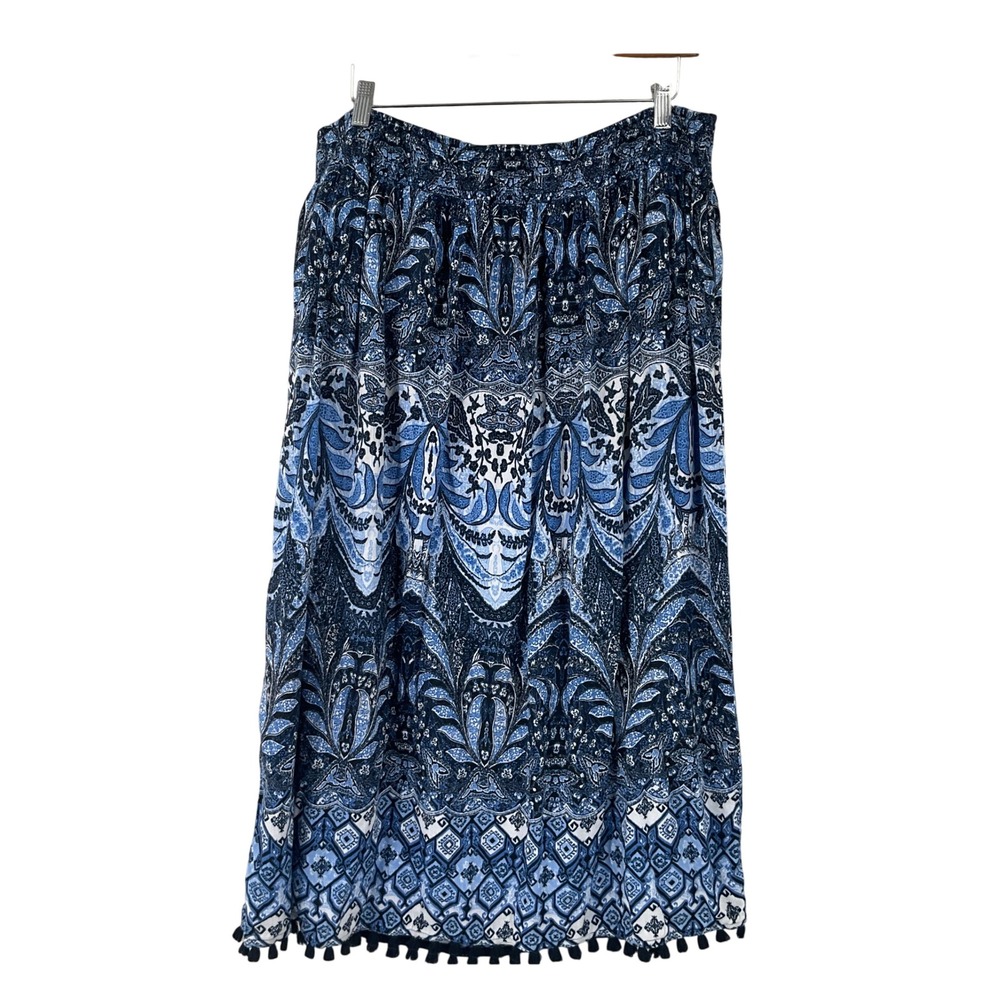 J. Jill Midi Skirt Women Large Blue Paisley Smocked Boho Pom Pom Tassel Romantic